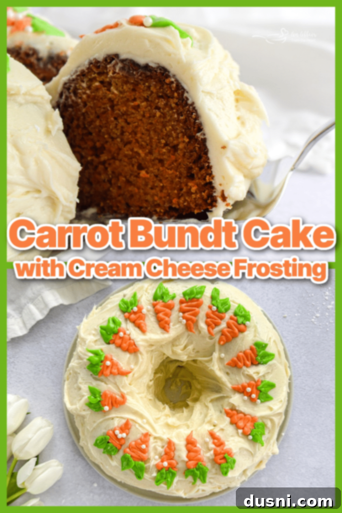 A stunning Carrot Bundt Cake with cream cheese frosting, decorated with small piped carrots.