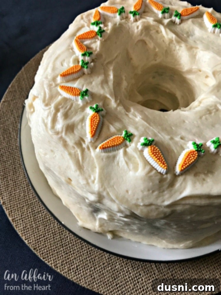 Overhead of Carrot Bundt Cake freshly baked and cooling on a wire rack.