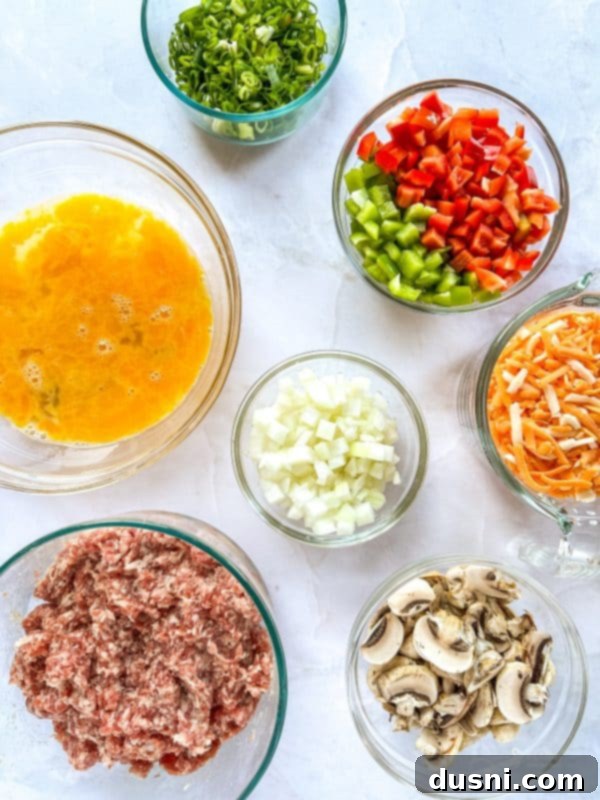 Ingredients for sausage crescent breakfast casserole laid out