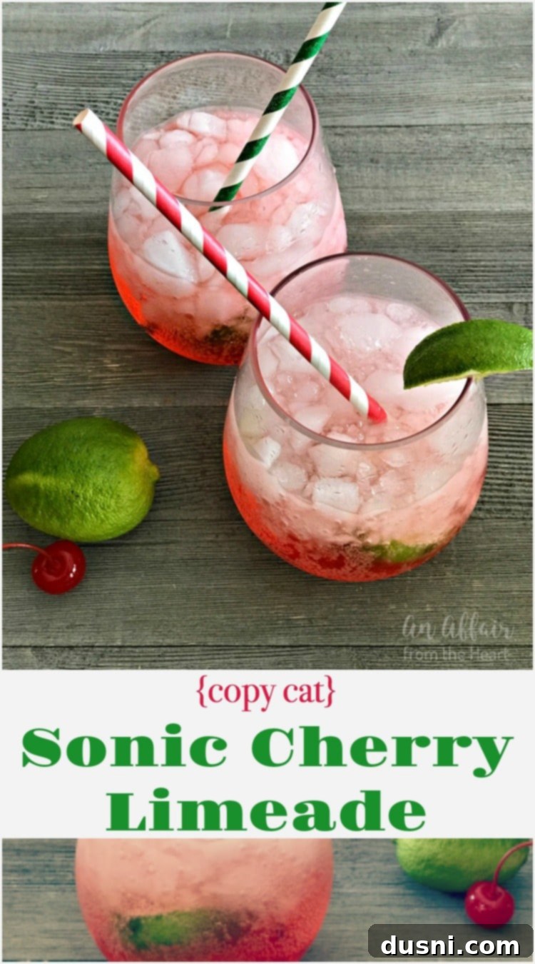 Close-up of a Copycat Sonic Cherry Limeade with the recipe title overlay