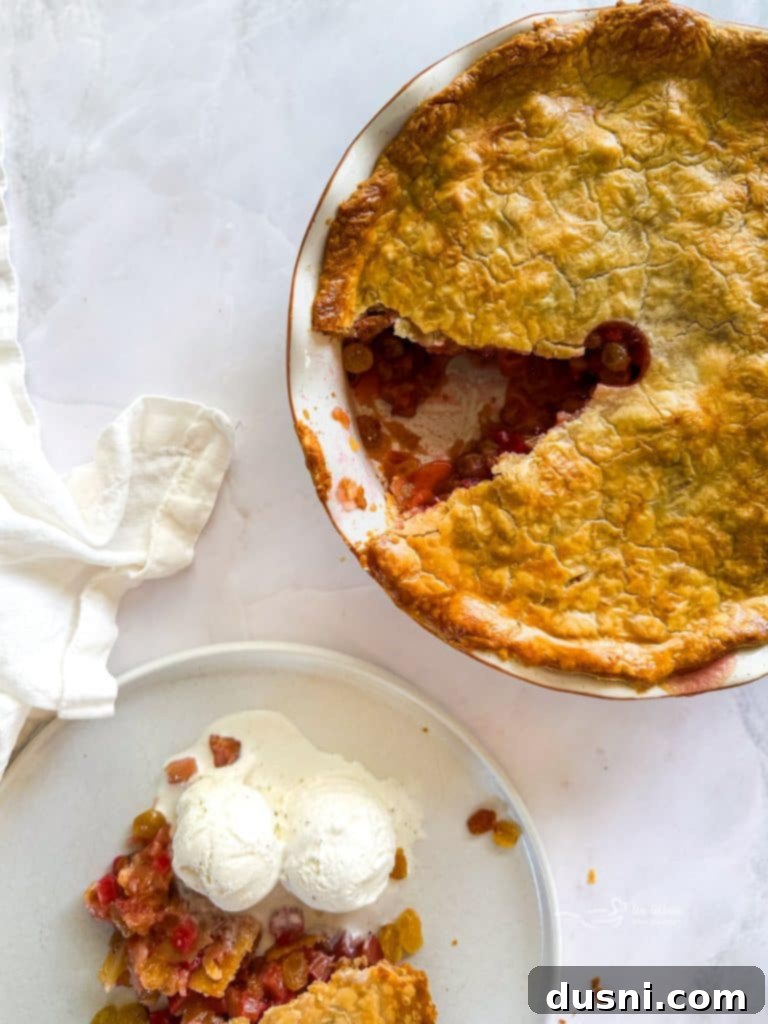 Slice of homemade Rhubarb Raisin Pie with a scoop of vanilla ice cream