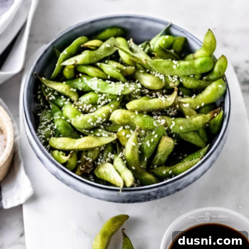 Close-up of air-fried edamame beans in a bowl