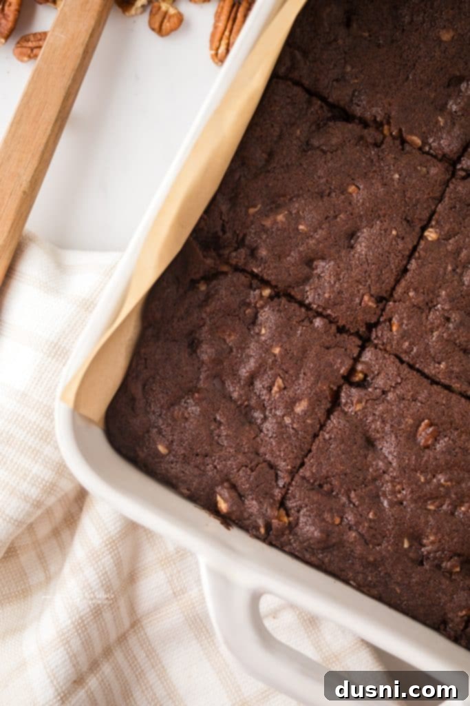 Close-up of brownie batter with chocolate chips and chopped pecans mixed in, ready for baking.