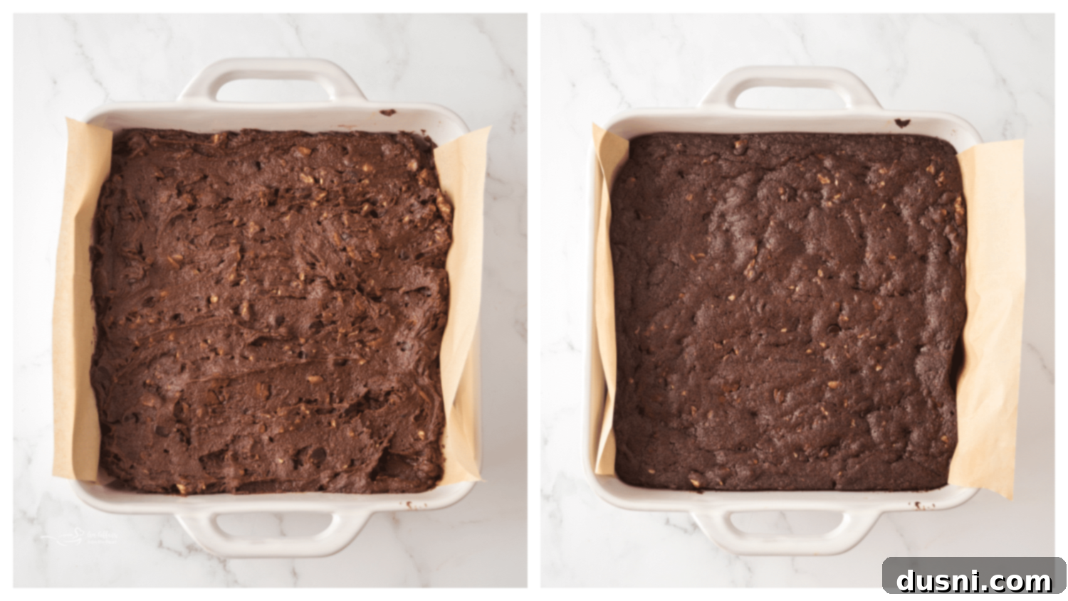 Brownie batter with chocolate chips and pecans folded in, inside a mixing bowl.
