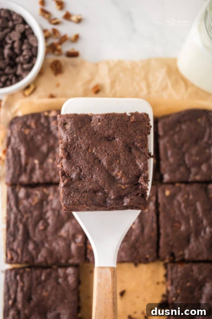 A large pan of fudgy pecan brownies with a few pieces cut out, showing the dense, moist interior.