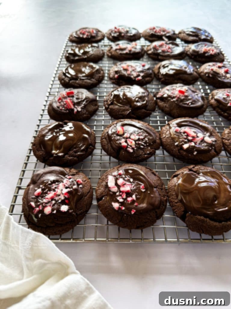 Chocolate Mint Candy Cookies on a cooling rack