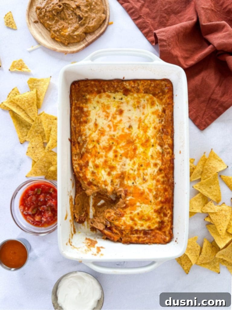 Overhead of Texas Trash Dip in a rectangular baking dish.
