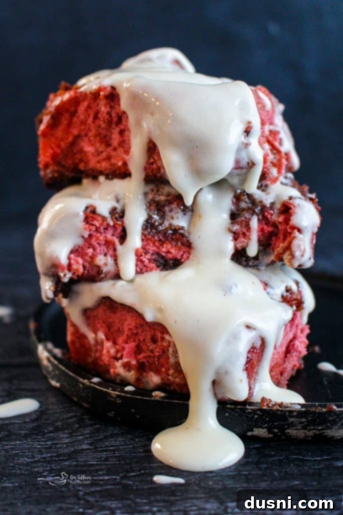 Close-up of Red Velvet Cinnamon Rolls