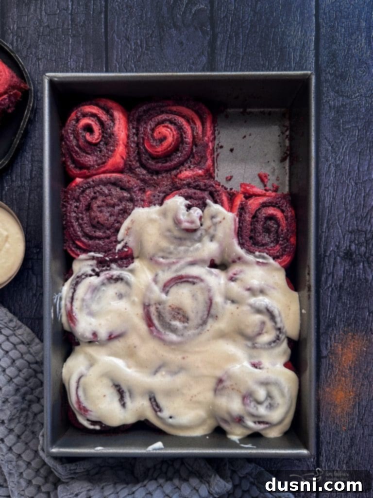 Red Velvet Cinnamon Rolls in baking dish