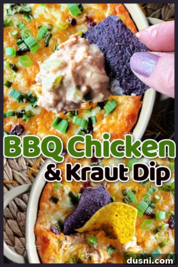 Overhead shot of BBQ Chicken Dip with Kraut served with blue corn tortilla chips.